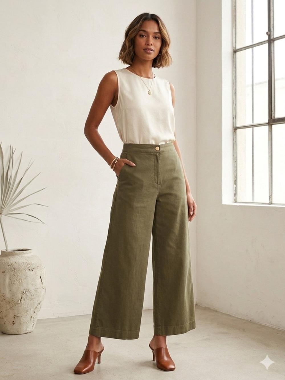 CASLON Cotton High Rise Wide Leg Pants in Olive